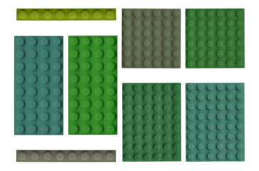 Vintage plastic brick plate set isolated. Old toy surface style background. Pattern of military colors squares.