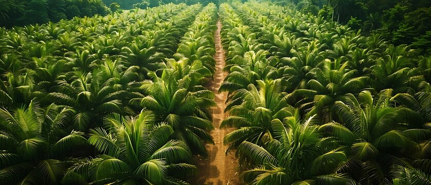 Aerial view of palm oil plantation, big farm field with palms trees and dirt road in rubber jungle on a sunny day. Palm plantation, with a path leading through the dense forest.