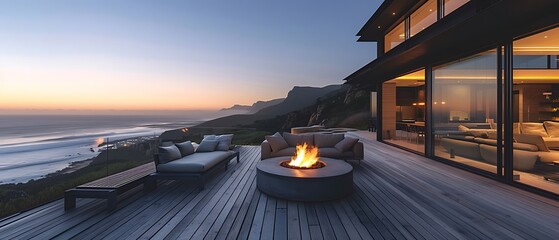 Terrace with an outdoor fireplace on modern luxury home features large glass windows and doors leading to its spacious deck, showcase beach house overlooking coastal cliffs sunset. - obrazy, fototapety, plakaty