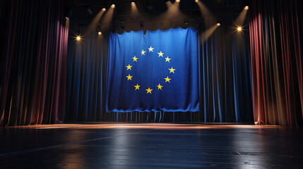 European flag on an empty stage with spotlights