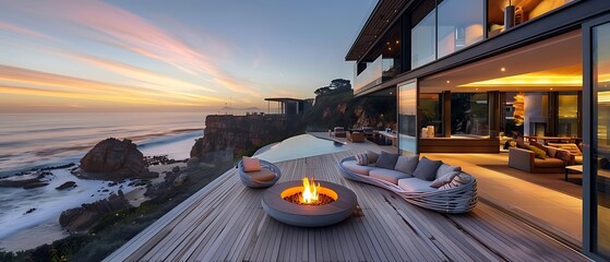 Fire pit on modern luxury home showcase beach house overlooking coastal cliffs sunset. - obrazy, fototapety, plakaty
