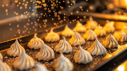  a close up of a tray of meringue on a conveyor belt at a bakery with a lot of meringue on the conveyor belt.