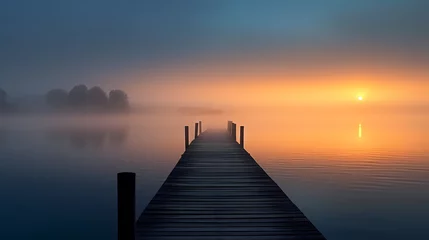 Poster Wooden pier on the lake at dawn © xuan