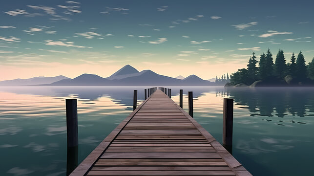Wooden pier on the lake at dawn