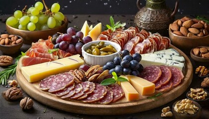 Delectable Delight: Mouthwatering Charcuterie Platter Featuring a Variety of Cheeses, Nuts, Grapes, and Meats