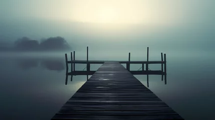 Fotobehang Wooden pier on the lake at dawn © xuan