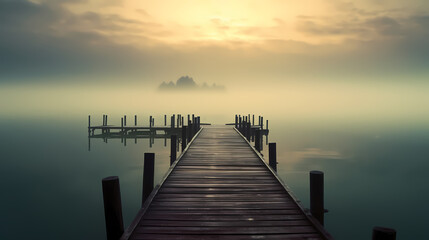 Obraz premium Wooden pier on the lake at dawn