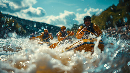 Three people are rafting down a river, with one of them wearing a yellow jacket. Generated by AI - obrazy, fototapety, plakaty