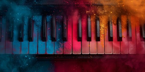 Vibrant Piano Keyboard Dust Background for World Music Day Event Banner with Musical Instruments Design. Concept World Music Day Event, Vibrant Keyboard Dust Background, Musical Instruments Design
