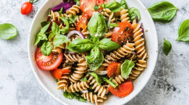  a bowl of pasta salad with tomatoes, spinach, red onion, red onion wedges, and basil.