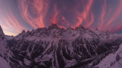  a large mountain covered in snow under a pink and purple sky with clouds in the sky and a line of mountains in the foreground.