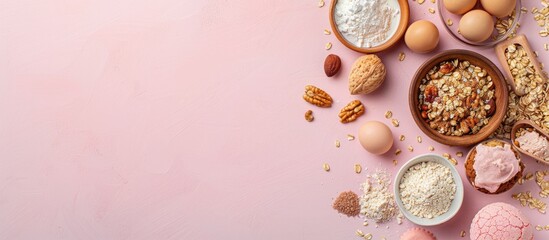 Food ingredients for baking arranged on a soft pink pastel background. Flat lay image with room for text. Overhead view. Baking theme. Mockup.