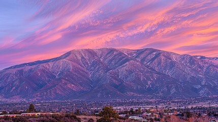  a view of a mountain range in the distance with a pink sky in the foreground and buildings in the foreground.