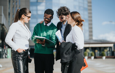 Diverse business associates engaged in a strategic outdoor meeting discussing sales, marketing, and business expansion.