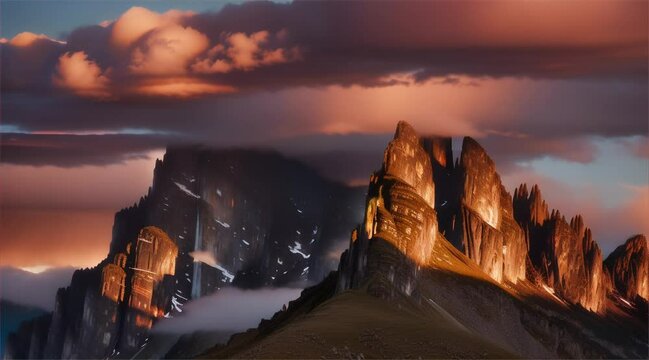 Clouds gently moving over the jagged peaks of mountains at dusk