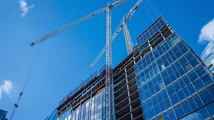 Fototapeta premium Cranes & skyscrapers under construction, construction site, modern architecture, during daytime blue sky, South San Francisco bay area.