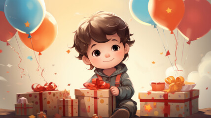 Cute boy birthday card with gifts and balloons. Children's birthday party. Watercolor illustration. Generative AI