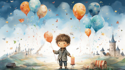 Cute boy birthday card with candle and balloons. Children's birthday party. Watercolor illustration. Generative AI