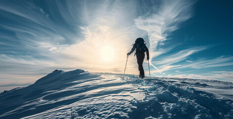 Hiker Embarking on Winter Trek Along Sunlit Ridge