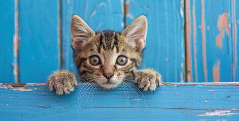 Kitten Curiosity on Display Over Blue Fence