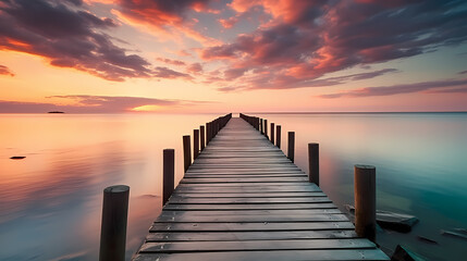 Fototapeta premium Wooden pier on the lake at dawn