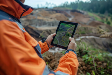 Engineer analyzing data on a digital tablet. Surveyor working with map in digital tablet. Generative AI