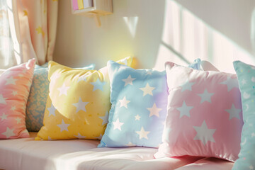 Soft pastel pillows with star patterns in a kid's room. Generative AI