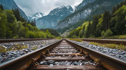 Fotobehang a train track running through a mountainous area © progressman