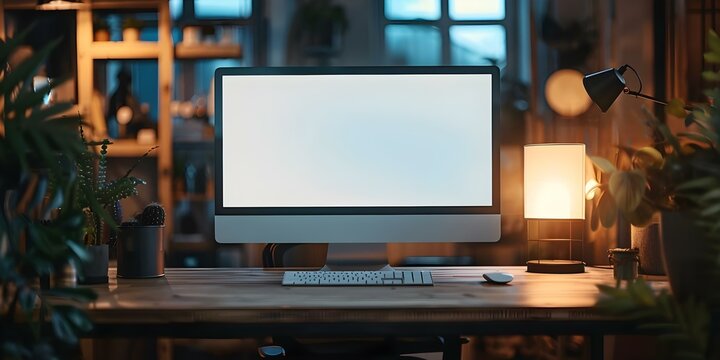 Closeup of a blank computer monitor on an office desk with a keyboard and lamp in the background. Concept Closeup Photography, Office Setup, Technology Accessories, Work Environment, Interior Design