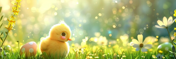 a little duckling sitting in the grass next to a flower