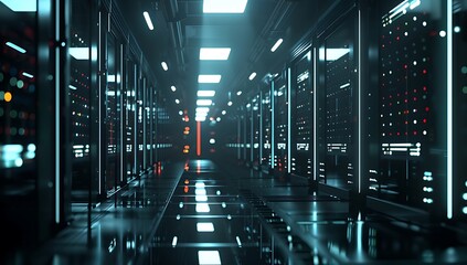 High-tech advanced Data center illuminated with rows of glowing servers, cyber security data center environment, 3d rendering. 