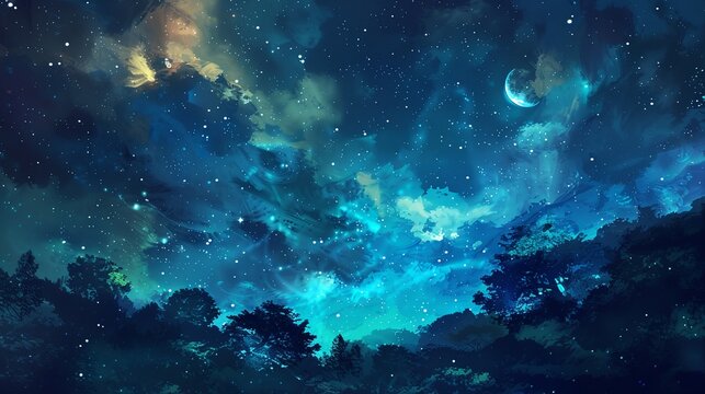 a painting of a night sky with stars and clouds