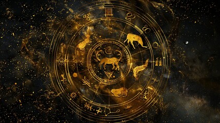 a gold zodiac sign with horses on it in the middle of a black background