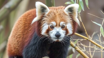  a close up of a red panda on a tree branch looking at the camera with a surprised look on its face.