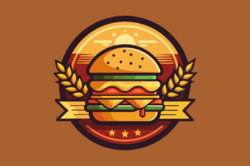 a circular logo for a burger jointfast food restaurant. The logo should feature a golden burger placed centrally within the circle vector illustration