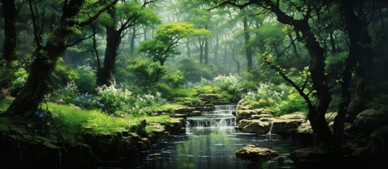 A winding watercourse flows through a vibrant forest filled with lush green vegetation, trees, and...