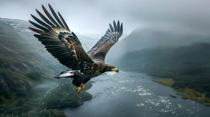 Golden eagle soaring majestically in the rain, huge wingspan of a raptor flying over a body of water, overcast nature