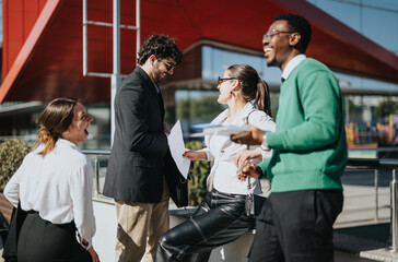 Diverse business associates engaged in strategy planning outside, discussing potential profit growth and market expansion.