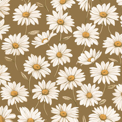 Pattern Of Drawn White Daisies On A Beige Background