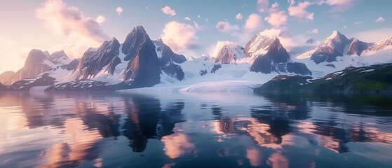 Scenery snow capped mountain landscape with the beautiful sunrise in Lofoten, Norway. Mountains reflecting in calm waters at sunrise, snowing tranquil water scene, breathtaking view.