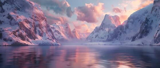 Fototapeta na wymiar Scenery snow capped mountain landscape with the beautiful sunrise in Lofoten, Norway. Mountains reflecting in calm waters at sunrise, snowing tranquil water scene, breathtaking view.
