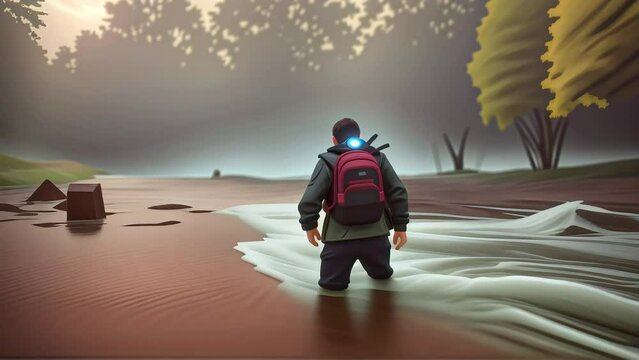 Cartoon animation intrepid explorer, equipped with backpack, wading through winding river, misty atmosphere, in dense forest