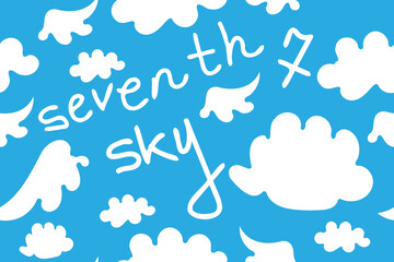 Seventh sky, dreams,  white clouds,  angel wings, blue. Seamless vector pattern for design and decoration.