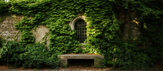 A stone bench is placed in front of a brick wall adorned with ivy, creating a picturesque scene in the landscape of a house with windows and grass