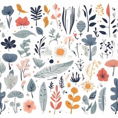 Obraz premium A collection of seamless pattern, colorful abstract plants and flowers. Hand drawn Collection of leaves and flowers. A close up of a pattern of flowers and leaves. 