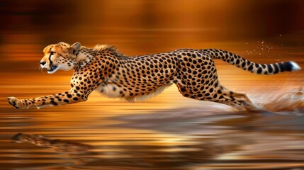  a picture of a cheetah running in the water with it's head turned to look like it's coming out of the water. - obrazy, fototapety, plakaty
