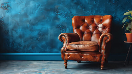 front view of vintage armchair in room with blue wall