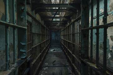 Corridor in an old empty prison - obrazy, fototapety, plakaty