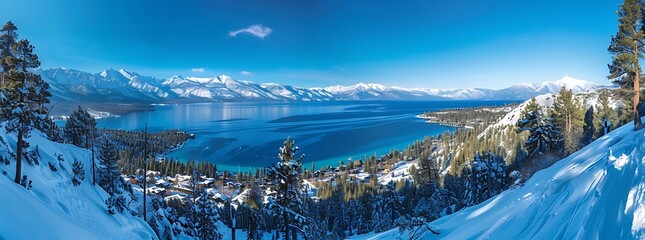 Panoramic view of lake Tahoe on a sunny clear day; the snow-capped Sierra mountains in the background, evergreen forests in the foreground - obrazy, fototapety, plakaty