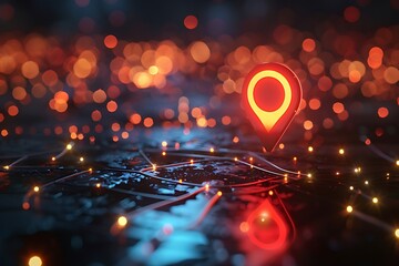 Red map pin in cityscape and network connection, indicating the city destination on the map and connection concept. Red map marking, place locating icon. Generative AI
